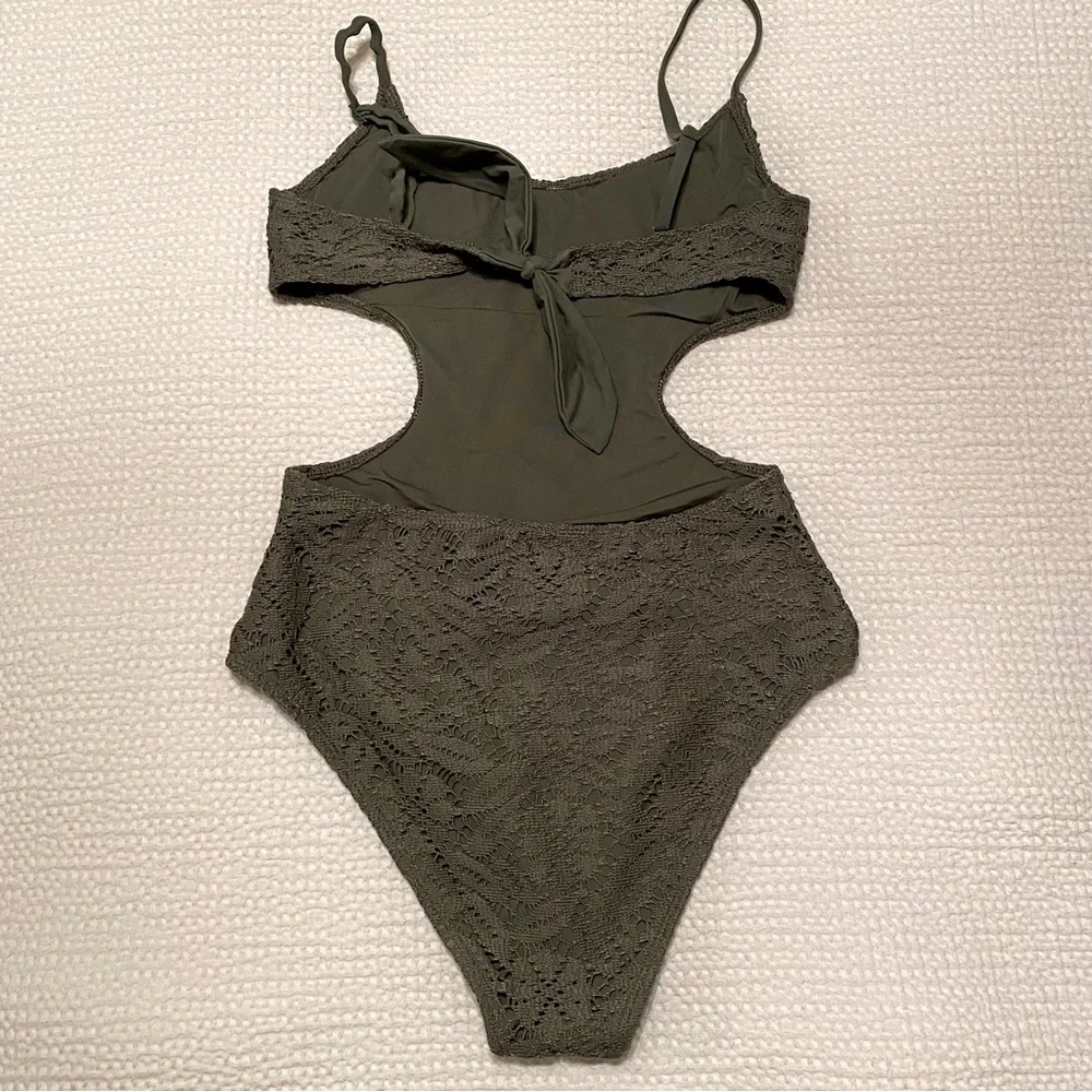 Aerie | hunter green crochet style one-piece with cut outs - Picture 2 of 4